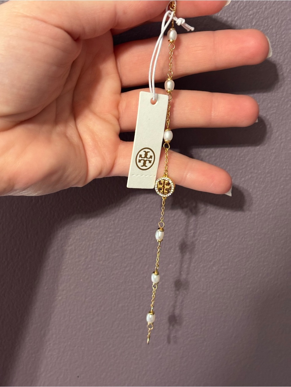 Tory Burch Gold Logo Pearl Station Bracelet with Crystal Accents - Picture 3 of 5